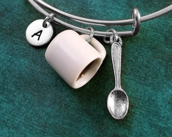 Coffee Bracelet Cup of Coffee Bangle Spoon Bracelet Coffee Jewelry Coffee Mug Pendant Bracelet Personalized Initial Bracelet Charm Bracelet