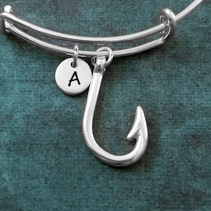 Fishhook Bangle Fish Hook Bracelet Fishing Gift Engagement Gift Stackable Bangle Personalized Bangle Expandable Bracelet Initial Bracelet