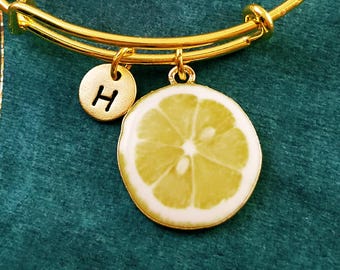 Lemon Bracelet Lemon Bangle Fruit Jewelry Lemon Slice Initial Charm Bracelet Expandable Bracelet Adjustable Bangle Personalized Bangle Gift