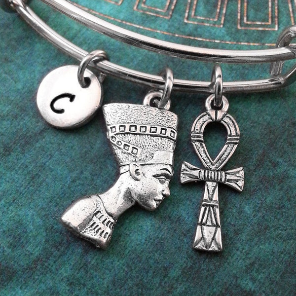 Nefertiti Bangle Bracelet Silver Ankh Bracelet Nefertiti Jewelry Stackable Bangle Adjustable Bangle Expandable Bangle Personalized Bangle