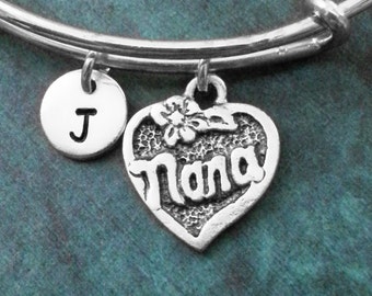 Nana Bangle Nana Bracelet Grandma Jewelry Mother's Day Gift Nana Heart Charm Bracelet Stackable Bangle Adjustable Bangle Personalized Bangle