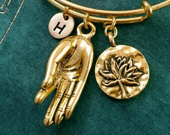 Meditation Hand Bracelet Meditation Jewelry Lotus Flower Charm Bracelet Gyan Mudra Bracelet Pendant Bracelet Personalized Initial Bracelet