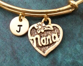 Nana Bangle Nana Bracelet Grandma Jewelry Mother's Day Gold Nana Heart Charm Bracelet Stackable Bangle Adjustable Bangle Personalized Bangle