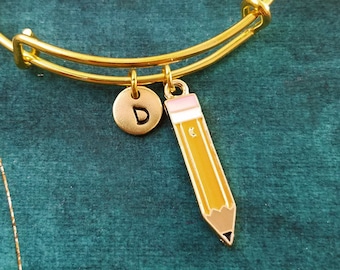 Pencil Bangle Bracelet Pencil Bracelet Teacher Bracelet Student Bracelet School Bracelet Adjustable Personalized Initial Bracelet Jewelry