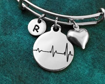 Heartbeat Bracelet Heart Bracelet Love Jewelry Heart Bangle Bracelet Daughter Bracelet Personalized Initial Bracelet Girlfriend Bracelet
