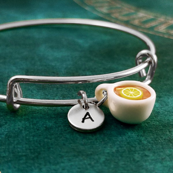 Tea Bracelet Cup of Tea Bangle Teacup Bracelet Tea Jewelry Lemon Tea Pendant Bracelet Personalized Initial Bracelet Tea Gift Charm Bracelet