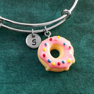 Donut Bracelet Pink Donut Bangle Donut Charm Bracelet Bridesmaid Jewelry Adjustable Bangle Personalized Initial Bracelet Daughter Bracelet
