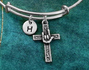 Cross Bangle Bracelet Sign Language Bracelet Love Hand Bracelet Deaf Bangle Initial Charm Bracelet Adjustable Bangle Personalized Bracelet