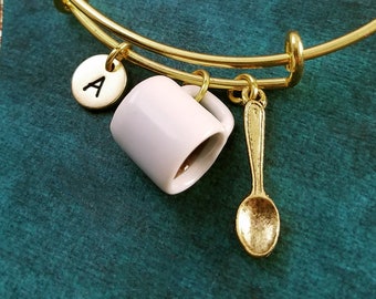 Coffee Bracelet Cup of Coffee Bangle Spoon Bracelet Coffee Jewelry Coffee Mug Pendant Bracelet Personalized Initial Bracelet Charm Bracelet