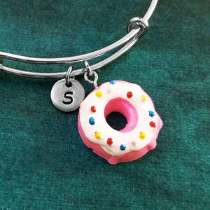 Donut Bracelet Pink Donut Bangle Donut Charm Bracelet Bridesmaid Jewelry Adjustable Bangle Personalized Initial Bracelet Daughter Bracelet
