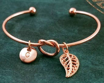 Knot Bracelet Leaf Bracelet Rose Gold Bracelet Rose Gold Bangle Rose Gold Jewelry Rose Gold Bracelet Charm Bracelet Initial Bracelet Pendant