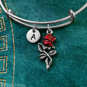 Red Rose Bangle Rose Bracelet Rose Charm Bracelet Rose Pendant Bracelet Personalized Initial Bracelet Valentine&#39;s Day Bridesmaid Jewelry