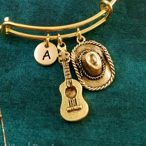 Cowboy Hat Bracelet Guitar Bracelet Cowgirl Bracelet Cowboy Bangle Southern Jewelry Boho Gift Pendant Bracelet Personalized Initial Bracelet