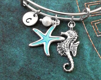 Seahorse Bangle Bracelet Pearl Bracelet Sea Charm Bracelet Beach Bracelet Blue Starfish Bangle Personalized Bangle Adjustable Bangle