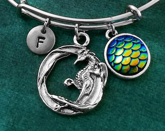 Dragon Bracelet Dragon Bangle Fantasy Jewelry Dragon Scales Bracelet Dragon Circle Charm Bracelet Bridesmaid Bracelet Personalized Initial