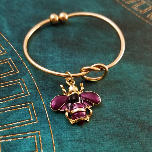 Bee Bracelet Honey Bee Bangle Bridesmaid Bracelet Knot Bracelet Bee Jewelry Purple Bee Charm Bracelet Pendant Bracelet Adjustable Bracelet