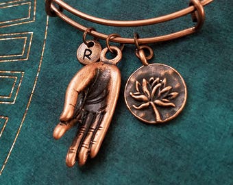 Meditation Hand Bracelet Meditation Jewelry Lotus Flower Charm Bracelet Gyan Mudra Bracelet Pendant Bracelet Personalized Initial Bracelet