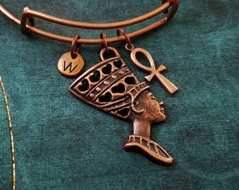Nefertiti Bangle Bracelet Nefertiti Bracelet Ankh Bracelet Copper Initial Expandable Stackable Bangle Adjustable Bangle Personalized Bangle
