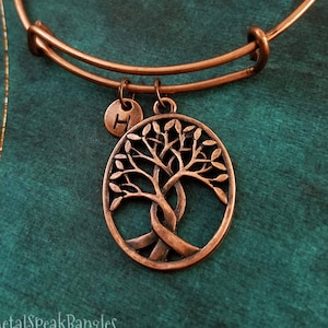 Tree Bracelet Copper Willow Tree Bangle Family Tree Charm Bracelet Tree of Life Bracelet Personalized Initial Pendant Bracelet Mother&#39;s Day