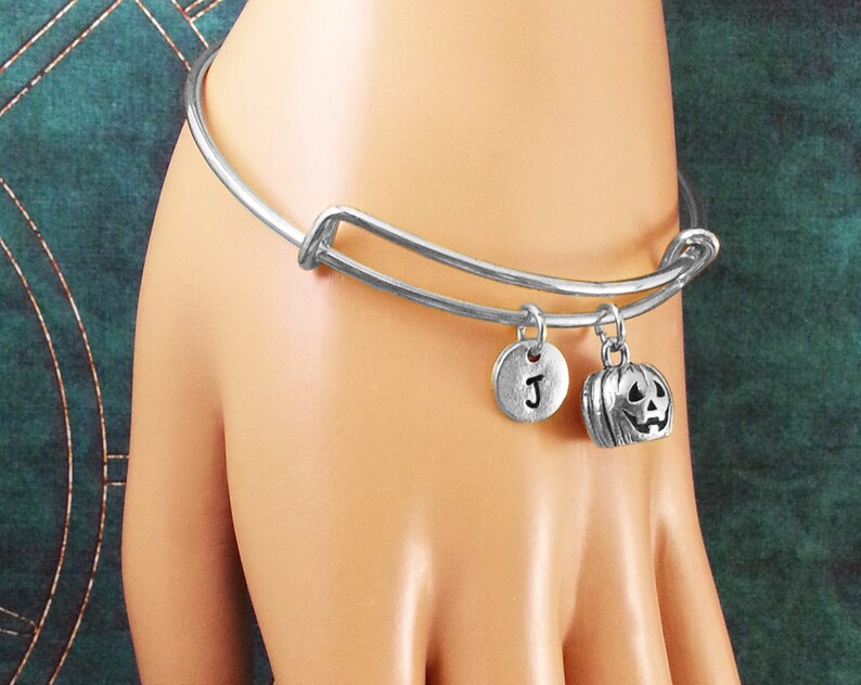 Jack-O-Lantern Bangle Bracelet Pumpkin Bracelet Pumpkin Bangle Jack o Lantern Halloween Jewelry Charm Bracelet Expandable Personalized Gift image 2