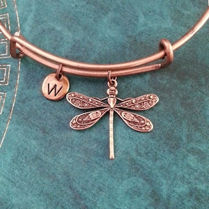 May include: A copper-toned bangle bracelet with a dragonfly charm and a small charm with the letter 'W' engraved on it.