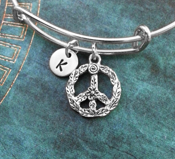 Sterling Silver Peace Sign Beaded Stretch Bracelet - Handmade Elastic Bangle - View #10