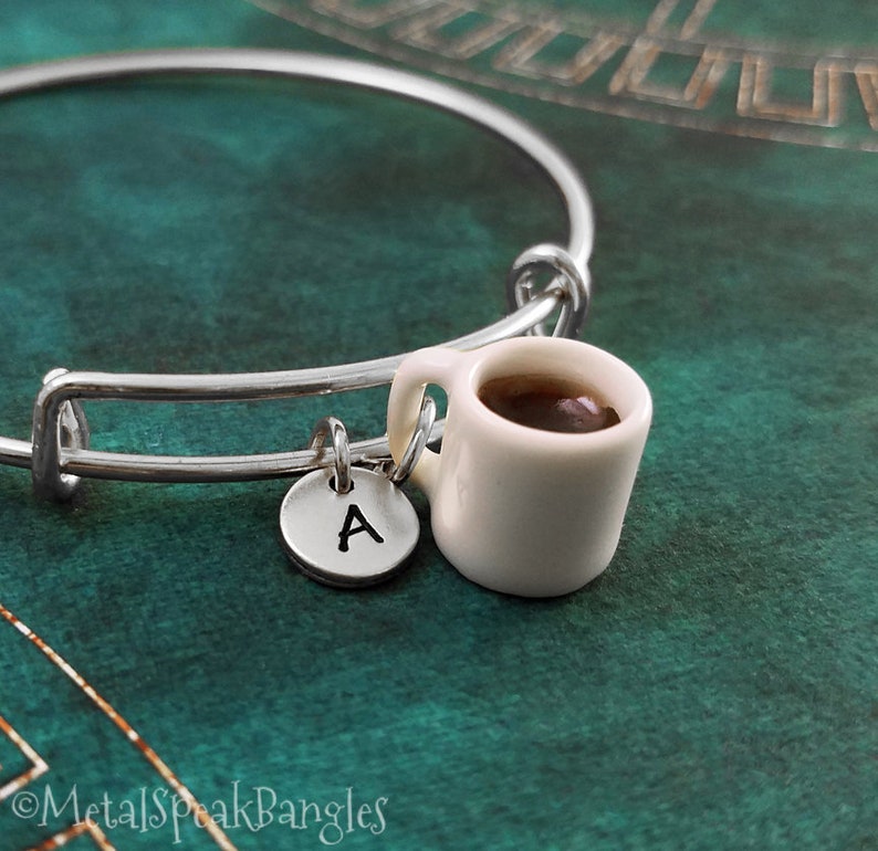 Coffee Bracelet Cup of Coffee Bangle Coffee Cup Bracelet Coffee Jewelry Coffee Mug Pendant Bracelet Personalized Initial Bracelet Gift