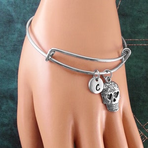 Sugar Skull Bangle Silver Sugar Skull Bracelet Calavera Bracelet Stackable Bangles Adjustable Bangle Expandable Bangle Personalized Bangle image 2