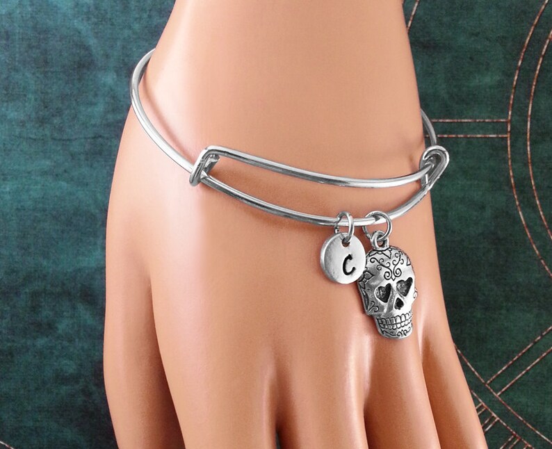 Sugar Skull Bangle Silver Sugar Skull Bracelet Calavera Bracelet Stackable Bangles Adjustable Bangle Expandable Bangle Personalized Bangle image 2