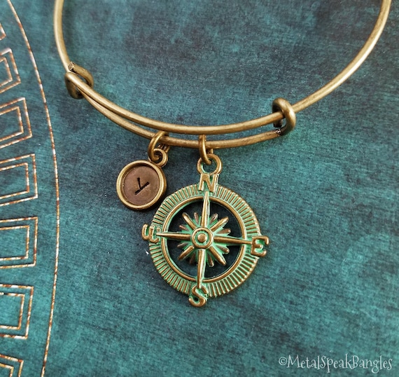 Compass Bangle Bracelet Compass Bracelet Bronze Compass Charm Etsy