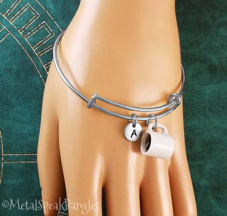Coffee Bracelet Cup of Coffee Bangle Coffee Cup Bracelet Coffee Jewelry Coffee Mug Pendant Bracelet Personalized Initial Bracelet Gift