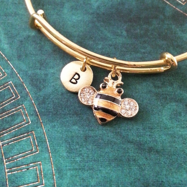 Honey Bee Bangle Honeybee Bracelet Stackable Bangle Gold Monogram Bracelet Adjustable Bangle Personalized Bracelet Expandable Rhinestone