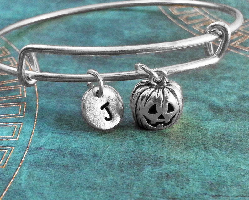 Jack-O-Lantern Bangle Bracelet Pumpkin Bracelet Pumpkin Bangle Jack o Lantern Halloween Jewelry Charm Bracelet Expandable Personalized Gift image 1