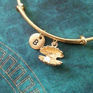 Oyster Bangle Bracelet Pearl Bracelet Stackable Bangle Gold Monogram Bracelet Adjustable Bangle Personalized Bracelet Expandable Bracelet
