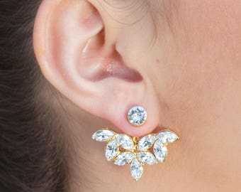 Bridal Ear Jacket Earrings, Gold Crystal Stud Earrings, Swarovski Wedding Earrings, Bridal Ear Cuff, Bridal Ear Jacket Earring, Gift For Her