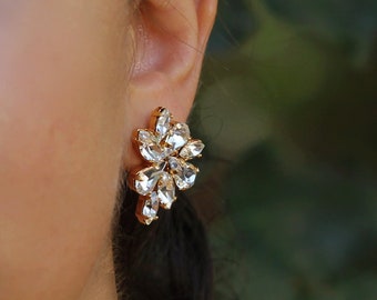 Gold Swarovski Crystal Bridal Stud Earrings, Wedding Earrings, Cluster Earrings, Wedding Jewelry, Statement Earrings, Bridesmaid earrings