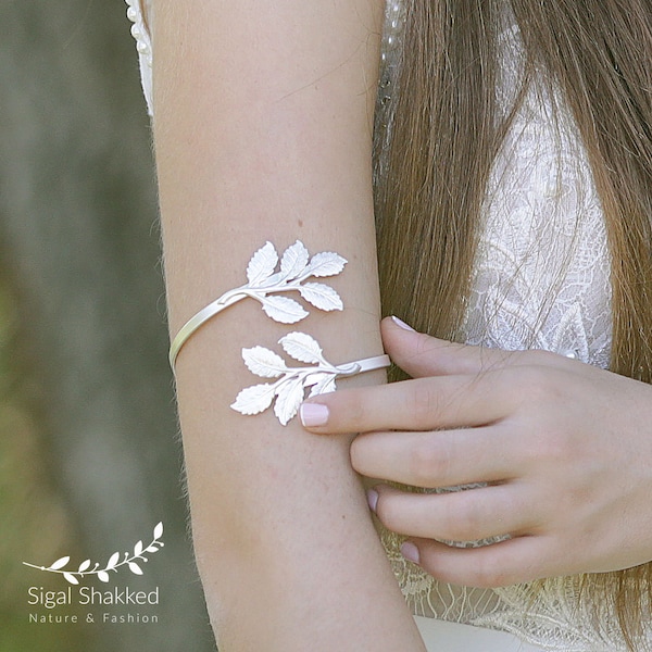 Silver Arm Bracelet, Greek Goddess Upper Arm Cuff, Leaf Bracelet, Bridal Jewelry, Wedding Arm Band, Grecian Wedding, Bridesmaid Gift, Boho