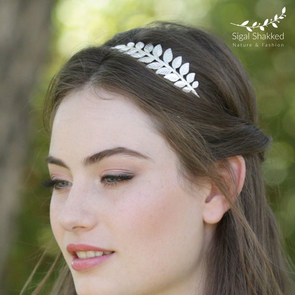 Bandeau feuille d'argent, bandeau grec, casque grec, couronne de feuille de laurier, bandeau de mariage, bandeau déesse, casque de mariée, cadeau de bal