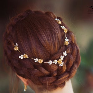 Swarovski Kristall Blumen Hochzeitskranz, Gold Braut Tiara, Perlenhaarteil, Hochzeit Kopfschmuck, Boho Kopfschmuck, Braut Perlenhaarteil