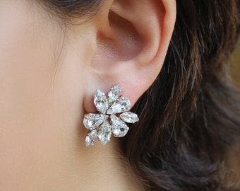Silver Swarovski Crystal Bridal Stud Earrings, Wedding Earrings, Bridal Cluster Earrings, Statement Earrings, Bridesmaid Crystal Earrings
