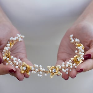 Videira de cabelo de casamento com flor dourada e pérola de cristal, coroa de pérolas prateadas, tiara de casamento, acessório de cabeça de noiva, coroa de pérolas de noiva, videira de cabelo de casamento