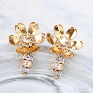 Silver Or Gold Swarovski Bridal Flower Crystal Earrings, Bridesmaid Champagne Crystal Rhinestone Drop Studs, Wedding Big Statement Jewelry