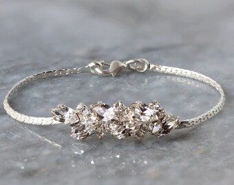 Silver Delicate Rhinestone Wedding Bracelet, Bridal Zircon Leaf Bracelet, Swarovski Arm Bracelet, Bridesmaid Crystal Bracelet, CZ Bracelet