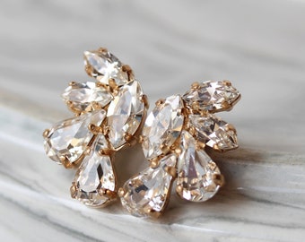 Gold Swarovski Crystal Bridal Earrings, Wedding Earrings, Gold Bridal Clusters, Bridal Stud Earrings, Wedding Jewelry, Statement Jewelry