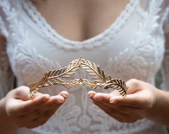 Couronne de Halo de mariage d'or de feuille de laurier, couronne de Halo de mariée de déesse grecque, diadème de princesse de feuille d'or de mariée, bandeau de princesse de feuille d'or de mariage