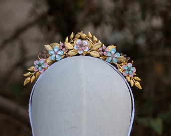 Laurel Leaf Gold Flower Bridal Halo Crown, Greek Goddess Wedding Halo Headband, Wedding Gold Flower Tiara, Laurel Leaf Wreath, Leaves Crown