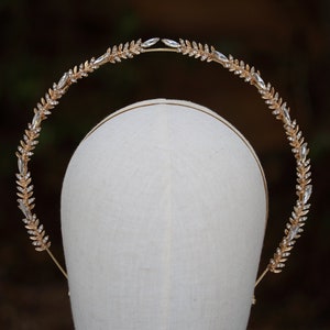 Bandeau halo de mariée bohème, couronne de déesse, couronne de feuilles de laurier, accessoire de cheveux de mariage, couronne de mariée, bandeau de mariée, diadème de mariage en or