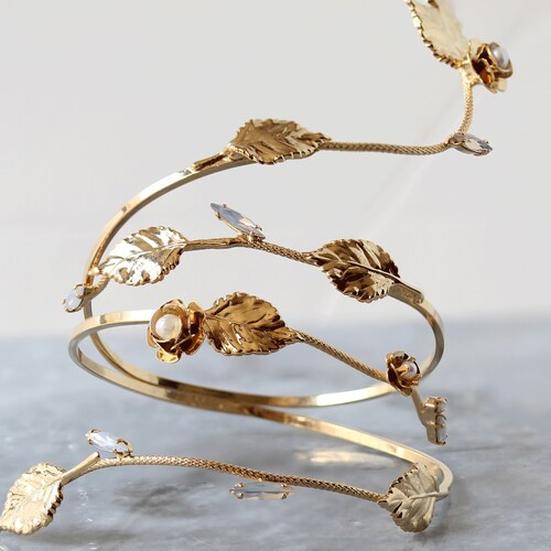 Boho Gold Crystal Bridal Arm Cuff Bracelet, Leaf Arm Band, Greek