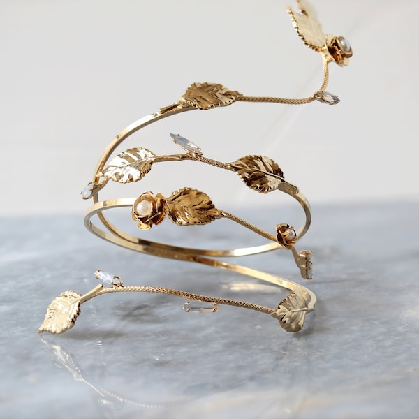 Boho Gold Crystal Bridal Arm Manchet Armband, Leaf Arm Band, Griekse Godin Onderarm Armband, Arm Bangle, Bruidsmeisje Armband, Warp Armband
