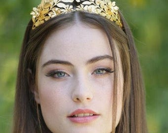 Korona grecka, wianek z liści laurowych, korona ślubna ze złotych liści, złota tiara, ozdoba na głowę z liści, ozdoba ślubna, ozdoba ślubna, opaska z liści, boho